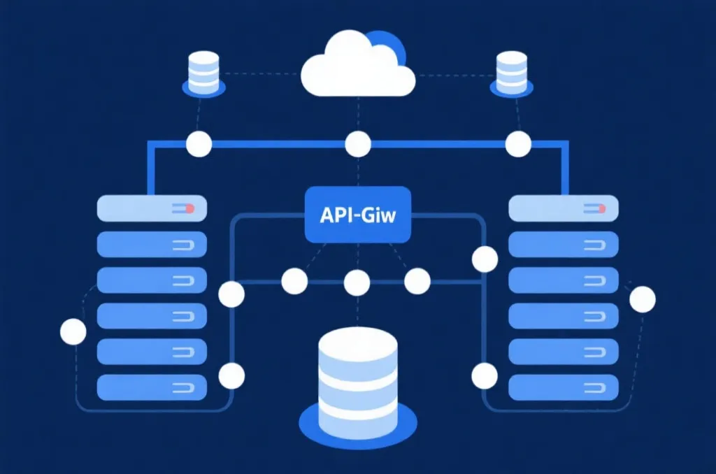 Abstract server architecture diagram showing API gateway and cache layers